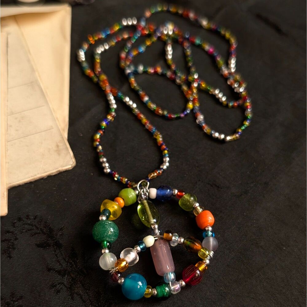 Glass Seed Beaded Peace Sign Necklace Colorful Rainbow Extra Long